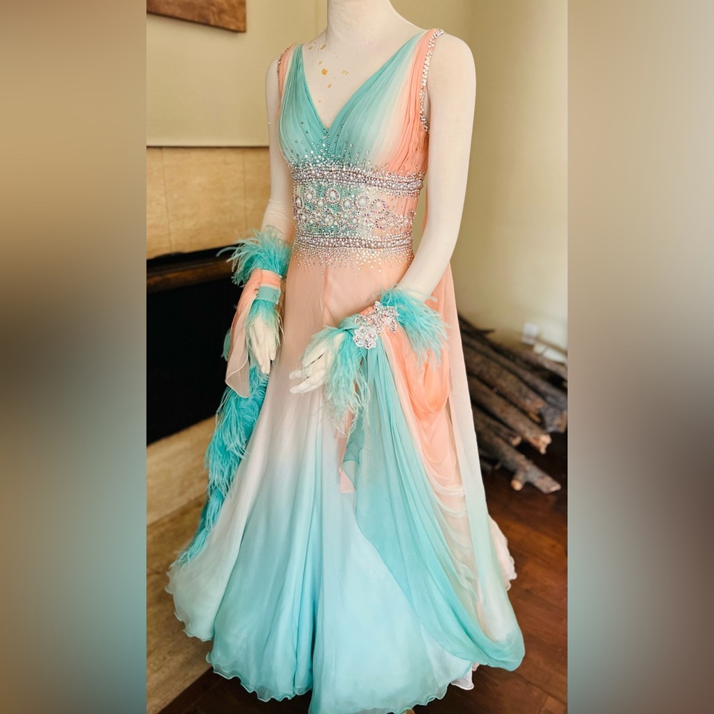 Ballroom Standart Competition Dance dress size S Peach and Teal - Picture 5 of 10